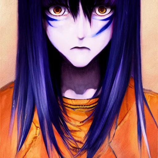 Image similar to full face shot of rimuru tempest, sky blue straight hair, long bangs, with amber eyes, wearing a fancy black jacket, high collar, ultra detailed, brush strokes, digital painting, cinematic, wlop artstation, closeup, pixiv, eerie, scary, intimidating glare, evil, yoshitaka amano, junji ito,