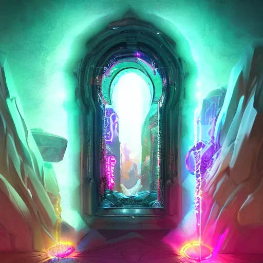 Prompt: portal to another dimension, magnificent, epic, neon, highly detailed, beautiful lighting, fantasy landscape, trending on artstation