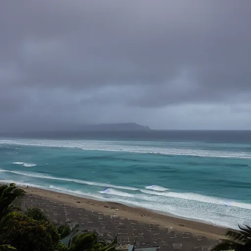 Prompt: a photograph from a high rise balcony overlooking the pacific ocean, gold coast australia, rainy grey afternoon, low visibility