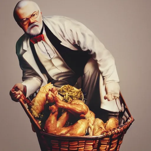 Image similar to Lenin as colonel Sanders on a basket full of chicken wings, labeled USSR, studio photo, by Stephen Meisel, octane renderer, behance