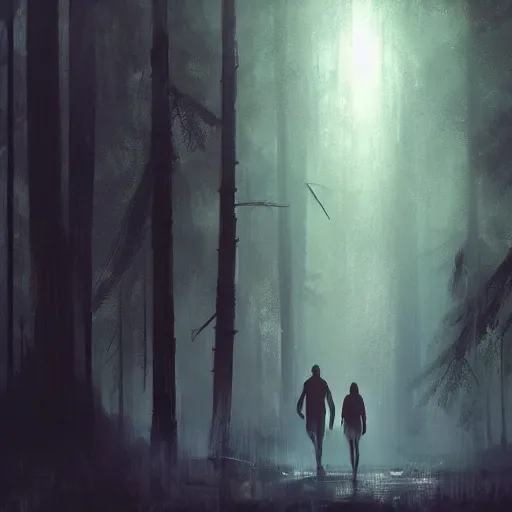 Image similar to concept art by greg rutkowski, a very tall and slender young man walking with a very tall and slender woman through a forest of giant trees, dark atmosphere, surrounded by fireflies, detailed portraits, disturbing atmosphere, scifi, digital painting, artstation, concept art, smooth, sharp foccus ilustration, artstation hq