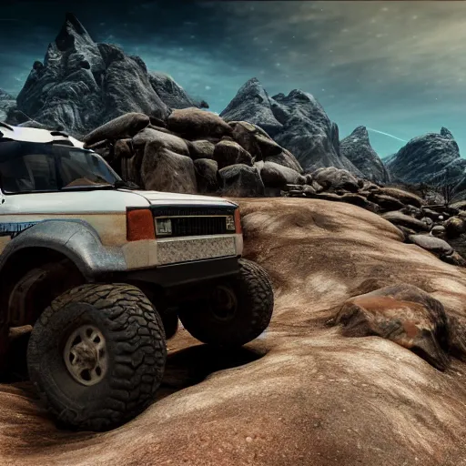 Image similar to Astronaut, Professional Photography, Skyrim, Off-roading, Mountain landscape, dirt, road, cinematic color, photorealistic, highly detailed wheels, highly detailed