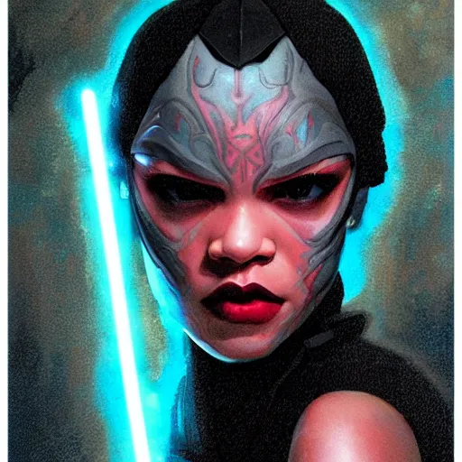 Image similar to star wars sith lord Rihanna profile picture by Greg Rutkowski, dynamic pose, intricate details, futuristic, volumetric lights, streetwear, studio ghibli, Organic Painting , Matte Painting, geometric shapes, hard edges, trending on the artstation, fantasy LUT, realistic by Sachin Teng + Martin Grip + Moebius + Patrick Gleason, smooth, sharp focus, techwear, Industrial Scifi, detailed illustration, character portrait,-C 8.5