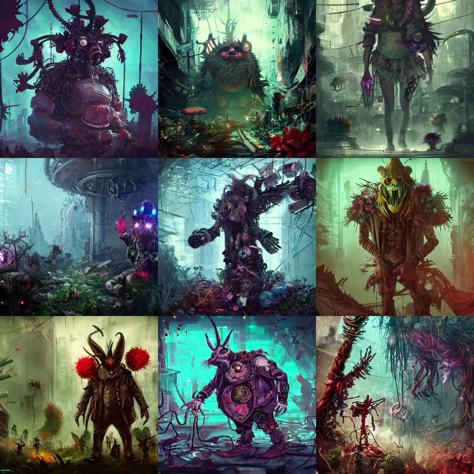 Prompt: A chaotic nightmare like dream, cyberpunk, dieselpunk, floralpunk, Alice in wonderland, Woodland trees, Random stuff, Big Chungus, Morbius, high quality photography, trending on artstation and more random chaotic stuff, just keep on typing