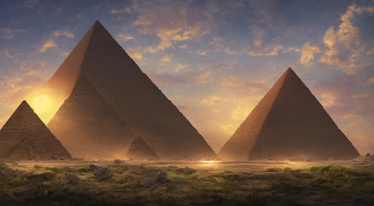 Prompt: Rendering of a scene of big pyramid near the sea，by Makoto Shinkai and Thomas Kinkade, fantasy matte painting, trending on cgsociety and unreal engine，light effect，highly detailed，super wide angle,