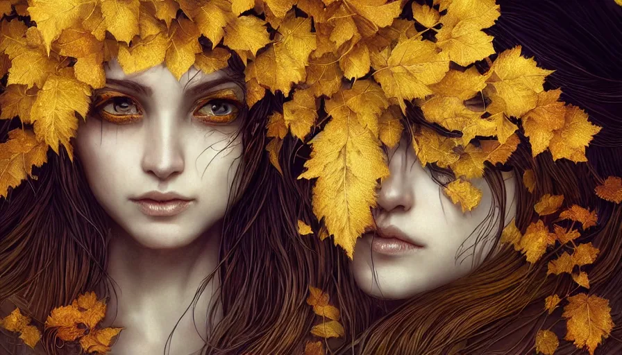 Image similar to golden leaves at frame border, creative!!! composition for a book cover!!!, absurdly beautiful, ultrafine hyperrealistic detailed old!! witch face by wlop and artgerm and greg rutkowski, intricate linework, sharp focus, smooth, octopath traveler, final fantasy, unreal engine, dramatic lighting, ethereal, 8 k