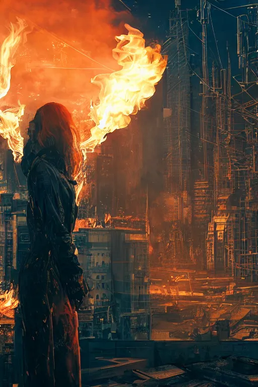 Image similar to in the foreground Saint Petersburg in cyberpunk, in the background a magnificent young blonde woman from behind playing with flames coming out of her hands wearing a long matrix-style jacket, realistic, high definition, many details, dramatic scene, symmetrical face, eyes realistic, art of Jock