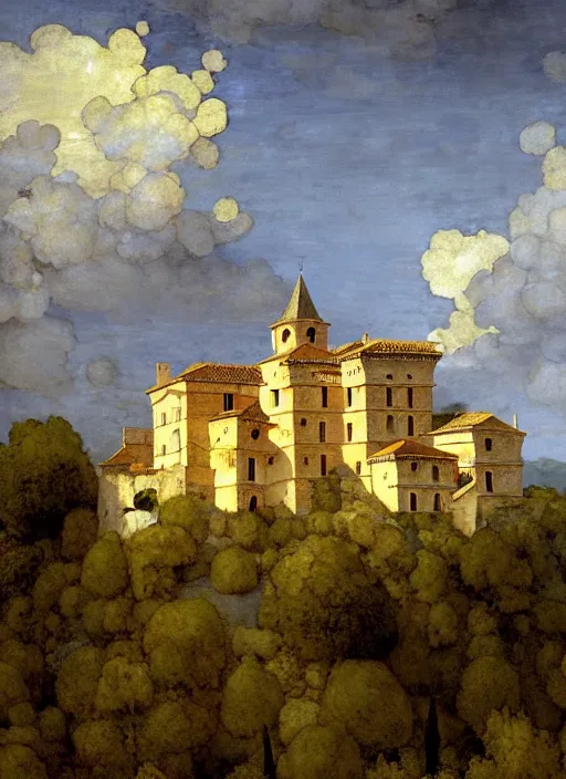Prompt: lourmarin chateau in provence pattern texture, elegant, peaceful, hyper realistic, extremely detailed, dnd art, fantasy art, intricate fantasy painting, dramatic lighting, vivid colors, deviant art, artstation, by edgar maxence and caravaggio and michael whelan and delacroix.