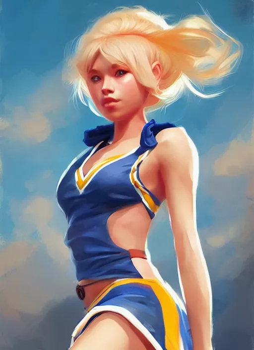 Prompt: girl wearing cheerleader outfit, blonde hair. digital painting, by valerian city of a thousand planets, by ruan jin #, by mandy jurgens #, by artgerm #, william - adolphe bouguerea #