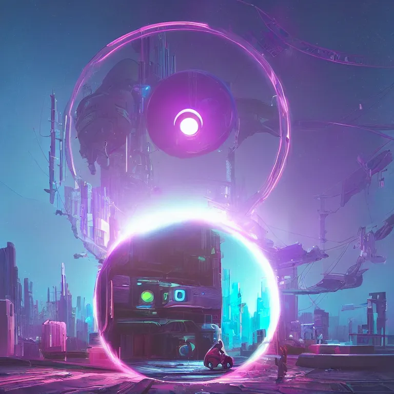 Image similar to a circle portal structure floating in space, cyberpunk, epic surrealism, indigo, purple, cyan, detailed digital matte painting in the style of simon stalenhag and painting by ralph mcquarrie