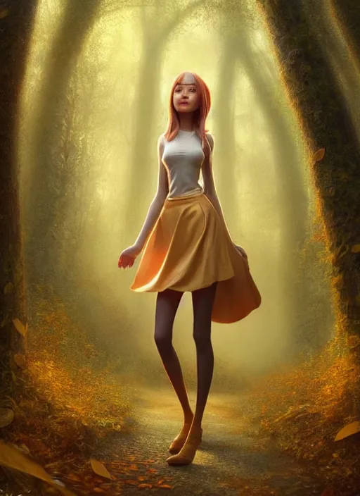 Prompt: young woman walking in short skirt : : magic forest mushrooms nature : : weta disney pixar movie still photo : : decadent highly - detailed digital painting, full length shot, golden ratio, octane render, artstation, smooth, sharp focus, artgerm, mucha, loish, wlop, gogo