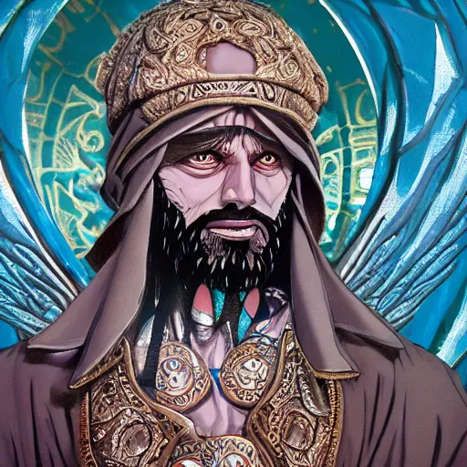 Image similar to 4K headshot portrait of godlike Pimp of Nazareth with defined arms and open hands and bloody clothes with giant mandala wings , intricate face , flawless anime cel animation by Kentaro Miura, psychedelic , highly detailed upper body , professionally post-processed , beautiful, scary, symmetry accurate features, epic, octane rendered, anime masterpiece, accurate by Craig Mullins, ilya kuvshinov, krenz cushart, epic , artgerm trending on artstation by Edward Hopper and Dan Mumford and WLOP and Rutkovsky, beksinski carl spitzweg moebius and tuomas kocar, intricate artwork by caravaggio, Unreal Engine 5, Lumen, Nanite