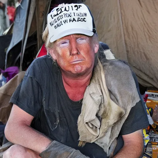 Image similar to donald trump dressed as a homeless man living in the slums