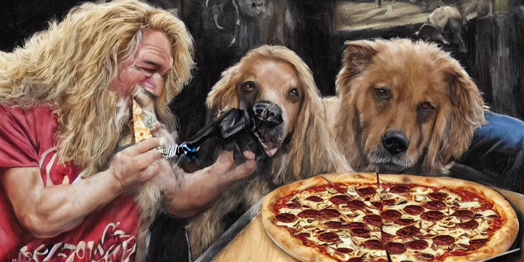 Image similar to a handsome dog the bounty hunter shares pizza with a furry, by wanda gag