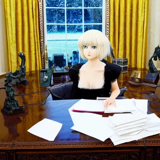 Image similar to griffith from berserk manga by kentaro miura sitting at his white house oval office desk