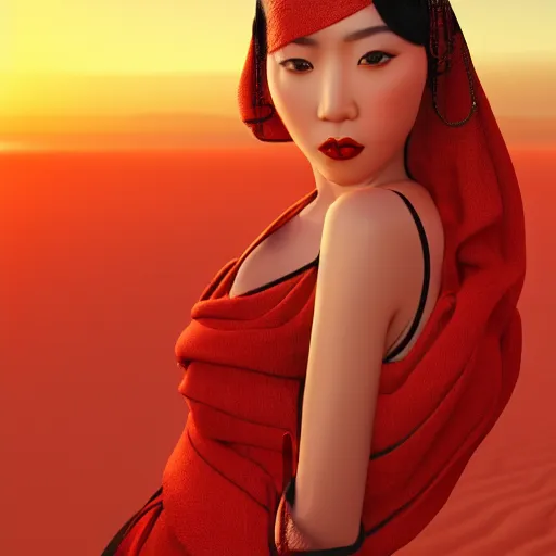 Image similar to innovative avant-garde art, deco fashion, asian women, wearing red, highly detailed, photorealistic portrait, serene desert setting, golden hour, crisp quality and light reflections, unreal engine 5 quality render