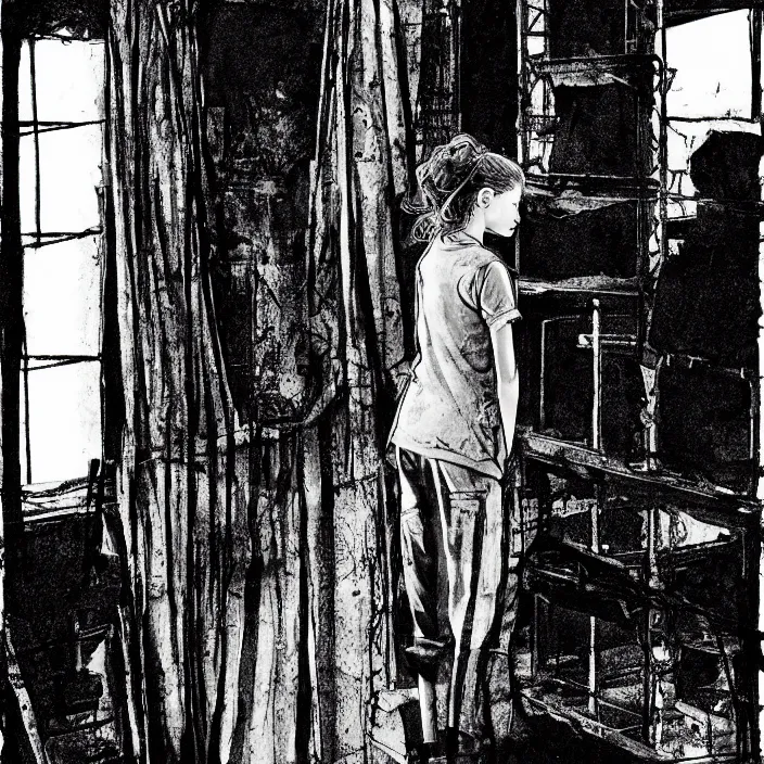 Image similar to sadie sink in dirty workmen clothes waves goodbye to workmen. background : factory, dirty, polluted. technique : black and white pencil and ink. by gabriel hardman, joe alves, chris bonura. cinematic atmosphere, detailed and intricate, perfect anatomy