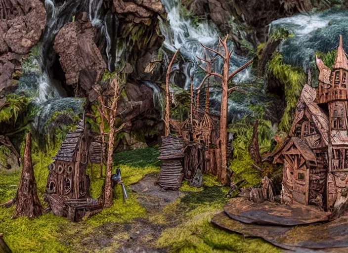 Prompt: high - res gopro photograph from within a wooden sculpture diorama with a fantasy castle, highly detailed sculpey diorama, forest setting in iceland, waterfall backdrop, realistic materials, wood, felt, cloth, burlap, copper wire, hot glue, smooth, sharp foccus, commercial product photography,