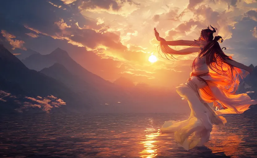 Image similar to Himalayan priestess dancing on water, beautiful flowing fabric, sunset, dramatic angle, realistic and detailed, by studio trigger, pixiv dslr photo by Makoto Shinkai rossdraws and Wojtek Fus