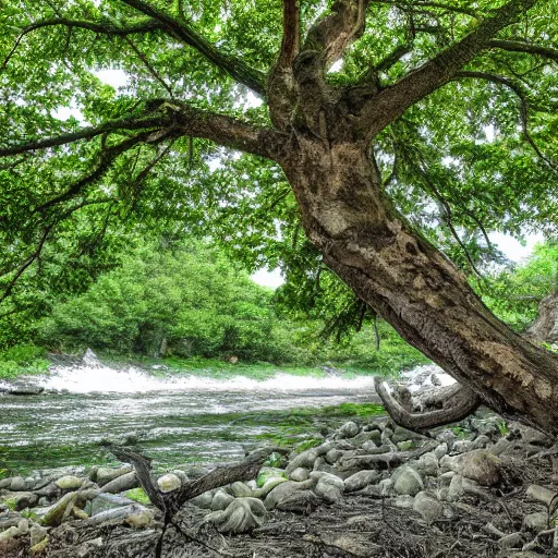 Prompt: very detailed photo of tree near a river, 4k, nature, superrealistic, widescreen, wide angle