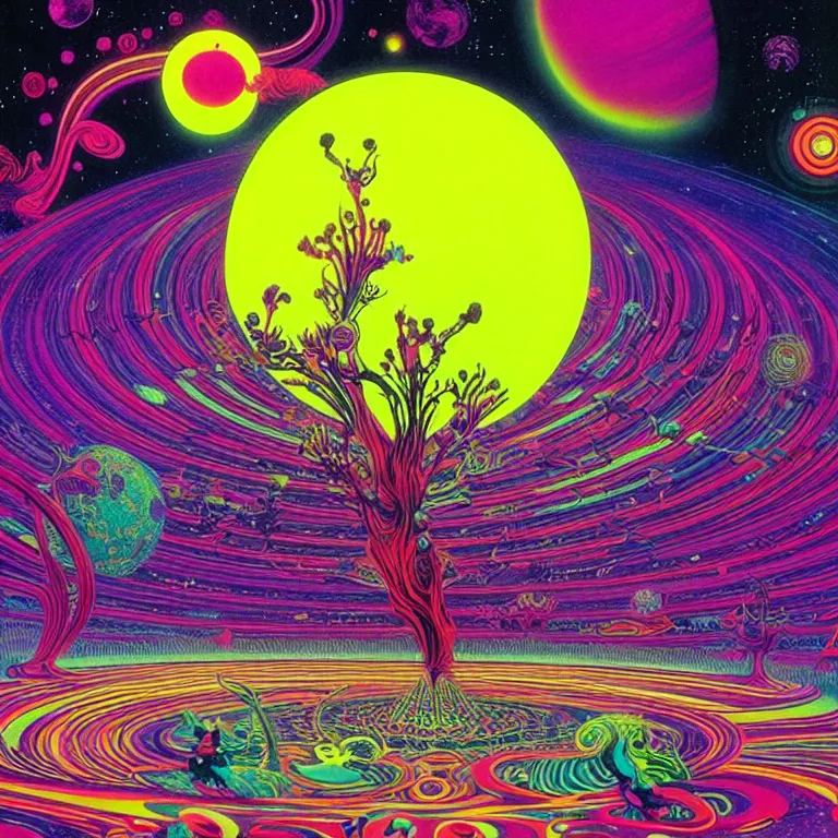 Image similar to psychedelic ringed planet, bright neon colors, highly detailed, cinematic, eyvind earle, tim white, philippe druillet, roger dean, lisa frank, aubrey beardsley