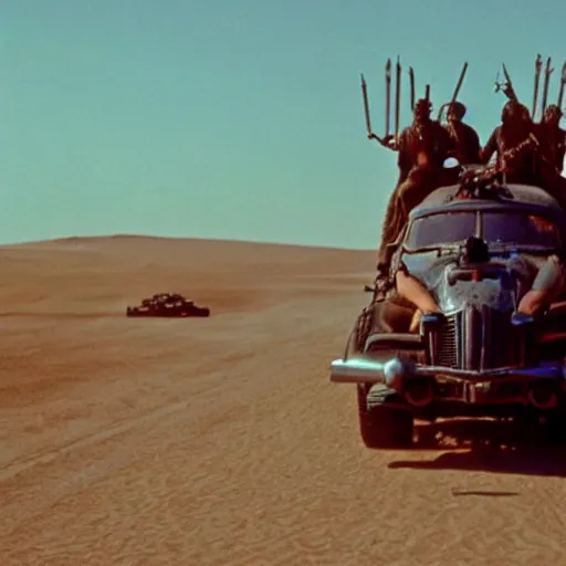 Image similar to mel gibson in mad max fury road, cinestill colour, anamorphic