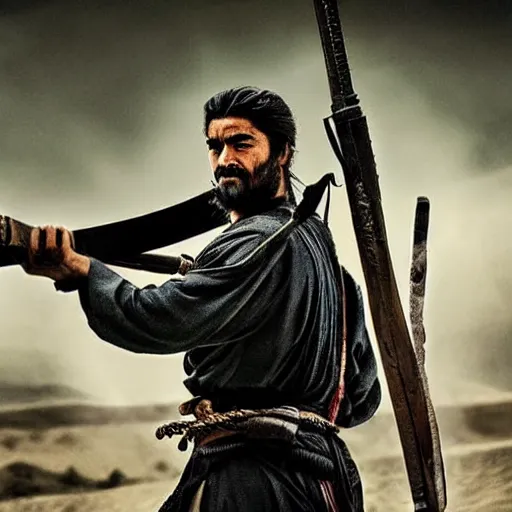 Image similar to kurdish samurai in a movie directed by christopher nolan, movie still frame, promotional image, imax 7 0 mm footage