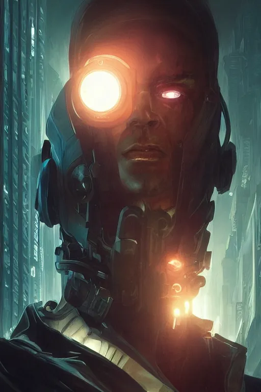 Image similar to cyberpunk man with face tech, dim ambient lighting, dark shadows, highly detailed, 8k, rim lighting, digital painting, artstation , concept art, sharp focus, illustration, art by artgerm and greg rutkowski and alphonse mucha