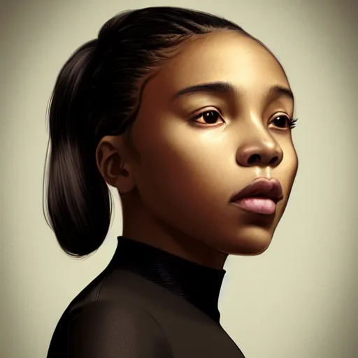 Prompt: a photorealistic hyperrealistic, bright brown eyes, light skinned african young girl, ponytail hair, flawless face, asian eyes, cute face, black turtle neck shirt, by wlop, artgerm, greg rutwoski, alphonse mucha, beautiful dynamic dramatic low - light moody lighting, cinematic atmosphere, artstation, concept design art, octane render, 8 k