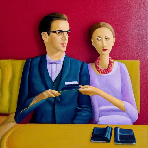 Image similar to creamy, delicious painting, portrait of a couple on a date, by wes anderson