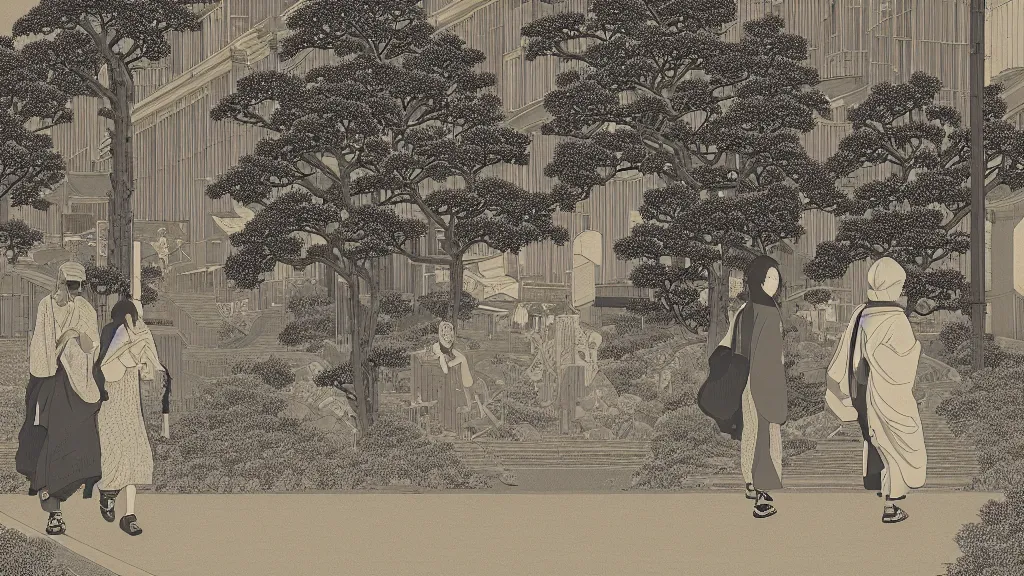 Prompt: a very high detailed image of Two women start crossing the road in front, very high detailed screen print by Kawase Hasui and dan hillier, 8k unreal engine