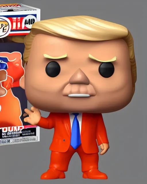 Image similar to full body 3d render of funko pop donald trump as a funko pop, orange wrinkly skin, studio lighting, white background, blender, trending on artstation, 8k, highly detailed