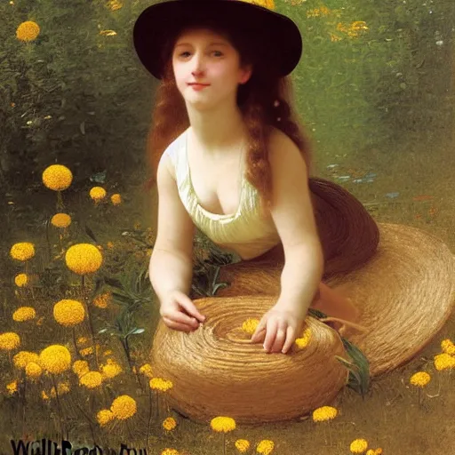 Image similar to A portrait of a fox in a straw hat surrounded by dandelions, by William-Adolph Bouguereau, Robert Cleminson, Carl Friedrich Deiker