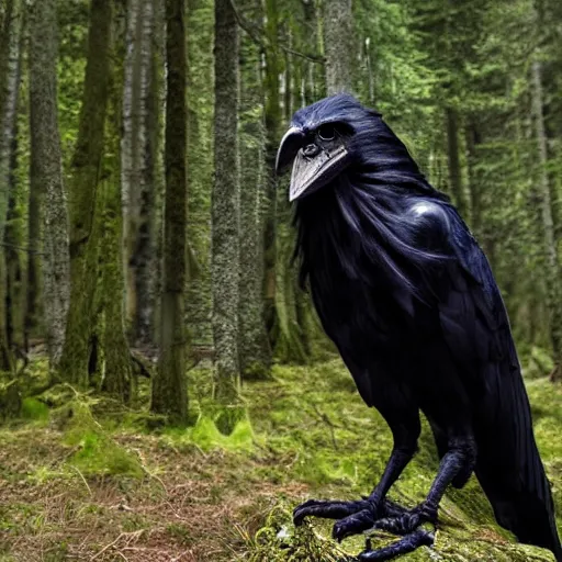 Image similar to werecreature consisting of human and crow, photograph captured in a forest