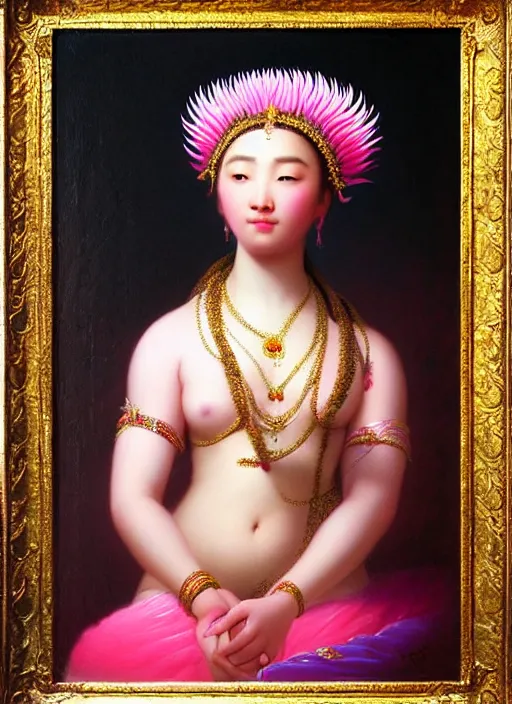 Image similar to stunning asian godess, detailed pink and white protea head peace against a black backdrop by ivan aivazovsky, wlop, oil painting, beautiful soft lighting, muted colours, artstation