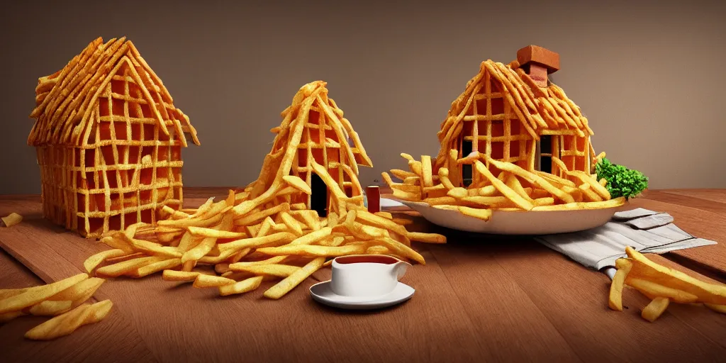 Image similar to house made of french fries, artstation trending, winner, 1 st place, octane render, 8 k, dramatic lighting, tasty, food photography, food decoration, highend, illustration!!!!, fine details,