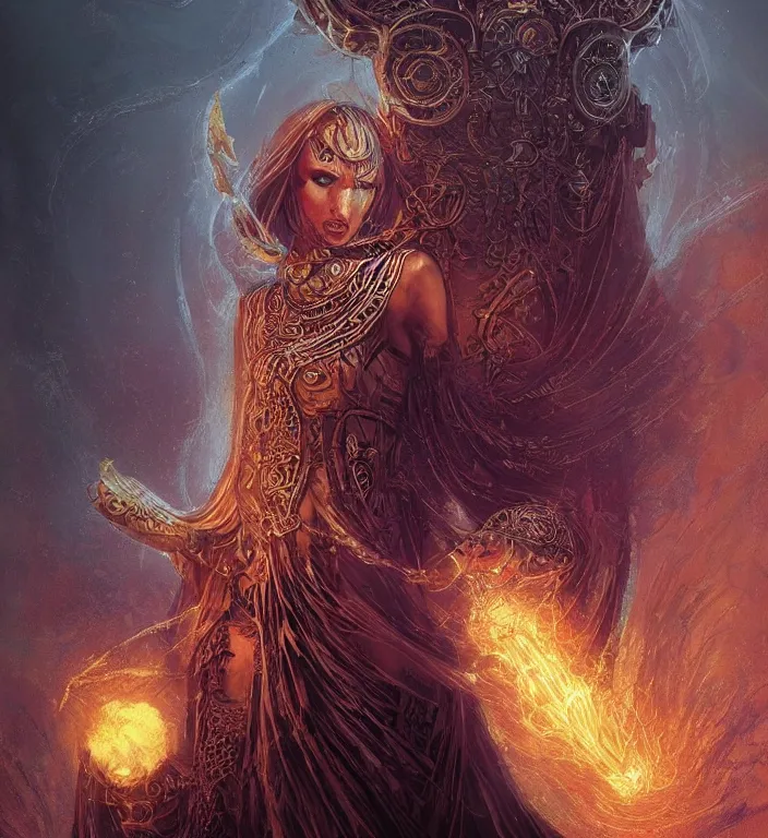 Image similar to unreal engine render of, centered Intricate portrait of a goddess, tarot card, dark souls colour scheme, luminal, smooth, coherent, high detailed, kerem beyit, Karol Bak, Chris Cold, james gurney, dan mumford, featured on artstation, instagram HD, unreal engine