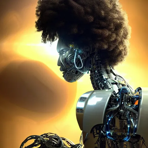 Image similar to aerial view of a robot doing a surgery on a black man with long curly hair, 3d render inspired art by P. Craig Russell and Barry Windsor-Smith + perfect facial symmetry + dim volumetric lighting, 8k octane beautifully detailed render, post-processing, extremely hyperdetailed, intricate futuristic mechanic parts, epic composition, grim yet sparkling atmosphere, cinematic lighting + masterpiece, trending on artstation