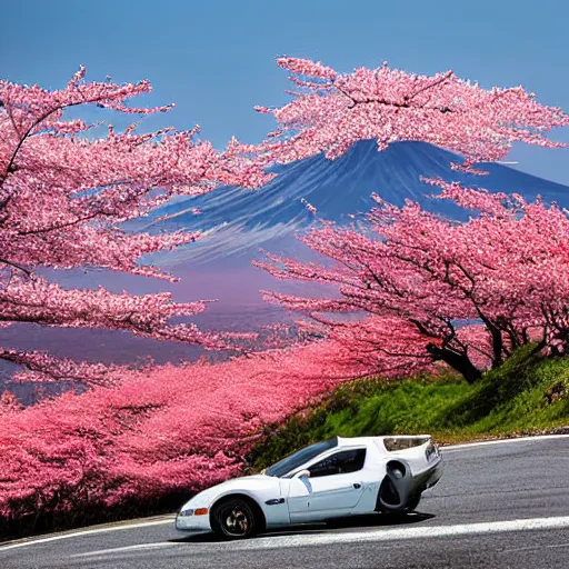 Image similar to a jdm mazda rx 7 driving by mount fuji early in the morning with a few blossom trees around, high quality photo