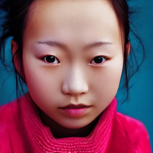 Image similar to photo of chinese girl by Martin Schoeller , colors, sharpen, 4k, 85mm, award winning, realistic, professional light, detailed