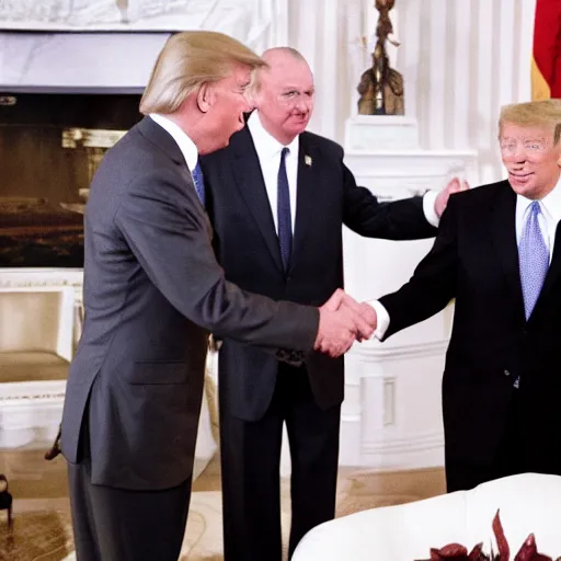 Prompt: The President of the United States shaking hands with a sinister space alien, official portrait