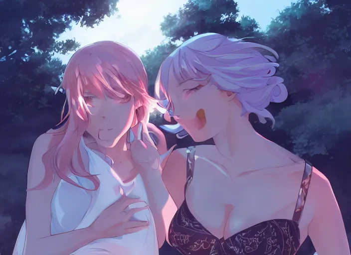 Image similar to two beautiful mothers outside on a hot summer evening, gorgeous faces, thick lines, cinematic lighting, detailed anime art