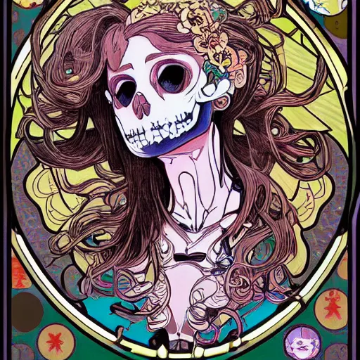 Prompt: manga skull portrait girl female skeleton realism hyperrealistic of princess peach nintendo art Geof Darrow and will cotton alphonse mucha pop art nouveau