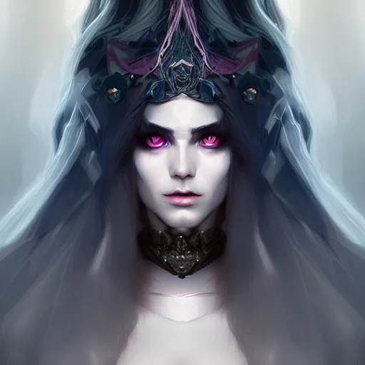 Image similar to dark sorceress full view, symmetrical face, highly detailed, wlop style, artstation, concept art, soft light, sharp focus, illustration, character design