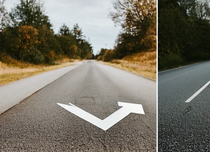 Image similar to photo still of two street signs on a country road shaped like arrows pointing left and right with the words left on one and right on the other, 8 k 8 5 mm f 5. 6