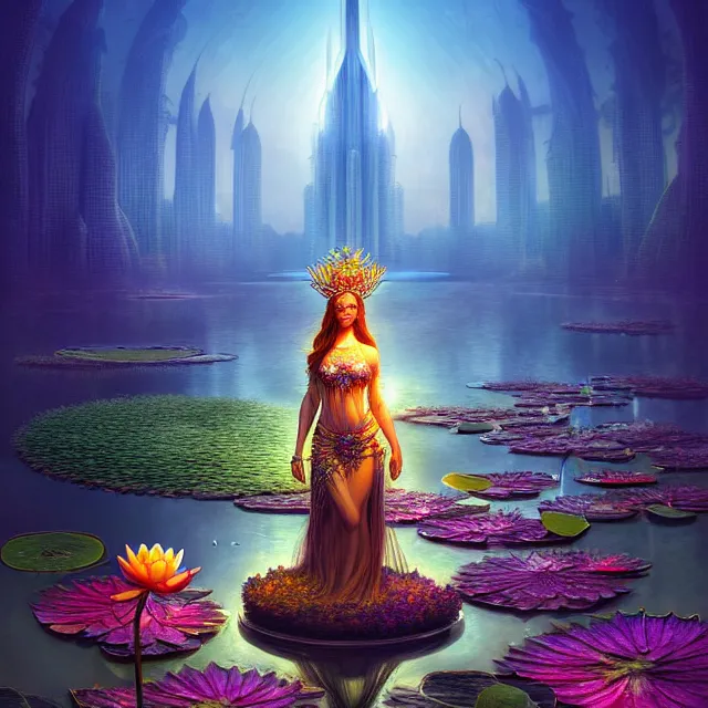 Prompt: Beautiful 3d render of the flower queen goddess near a pond full of lotus, atmospheric lighting, painted, intricate, volumetric lighting, beautiful, sharp focus, ultra detailed, in the art style of Dan Mumford and marc simonetti, with a clear crowded futuristic cyberpunk dubai city in the background, astrophotography