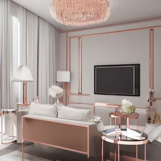 Image similar to 3 d render of white living room with rose gold metallic accents