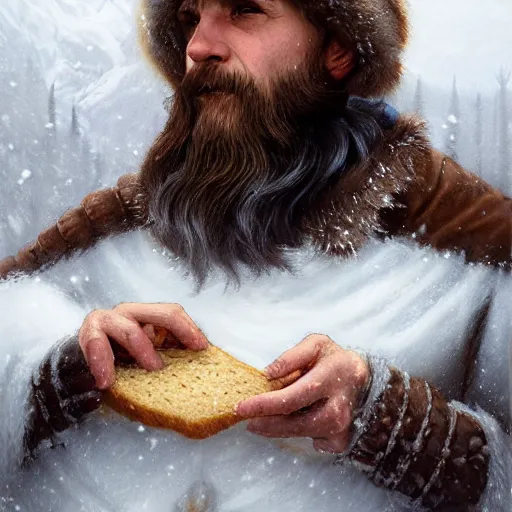 Image similar to epic portrait An viking eating loaf of bread during winter, blizzardy, beauty, pretty face, glossy skin, beard, digital painting, artstation, concept art, soft light, hdri, smooth, sharp focus, illustration, fantasy, intricate, elegant, highly detailed, D&D, matte painting, in the style of Greg Rutkowski and Alphonse Mucha and artemisia, 8k, highly detailed, jurgens, rutkowski, bouguereau, pastoral, rustic, georgic