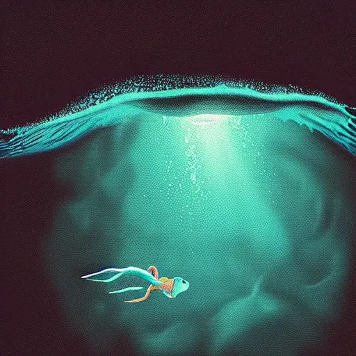 Prompt: michael phelps swimming away from a turquoise squid in the pacific ocean, closeup, portrait, moonlit, dark, ominous, illustration, volumetric light, highly detailed