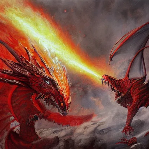 Prompt: epic fantasy painting of red dragon breathing fire towards knight, by john avon, by seb mckinnon, high detail, fantasy battle